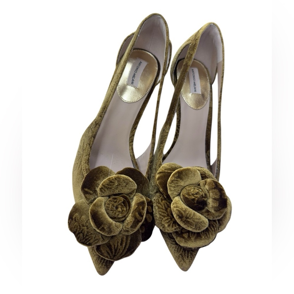 ANTONIO MELANI Olive Green Velvet Floral Pointed-Toe Heels